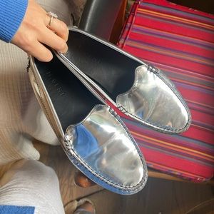 M Gemi patent leather silver Italian moccasin loafers 38.5